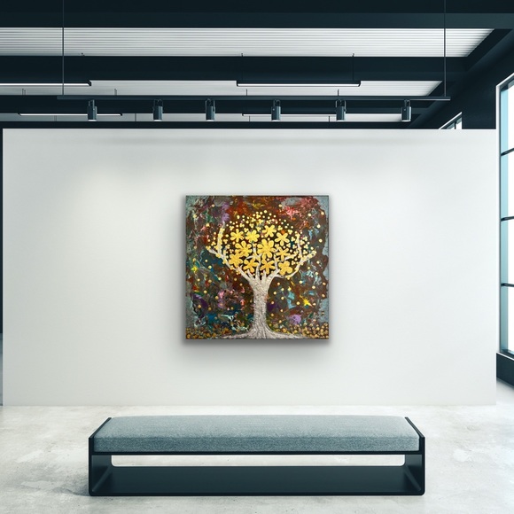 The Wishing Tree - a handmade acrylic textured painting on a 14x14-inch canvas. - Picture 8 of 10